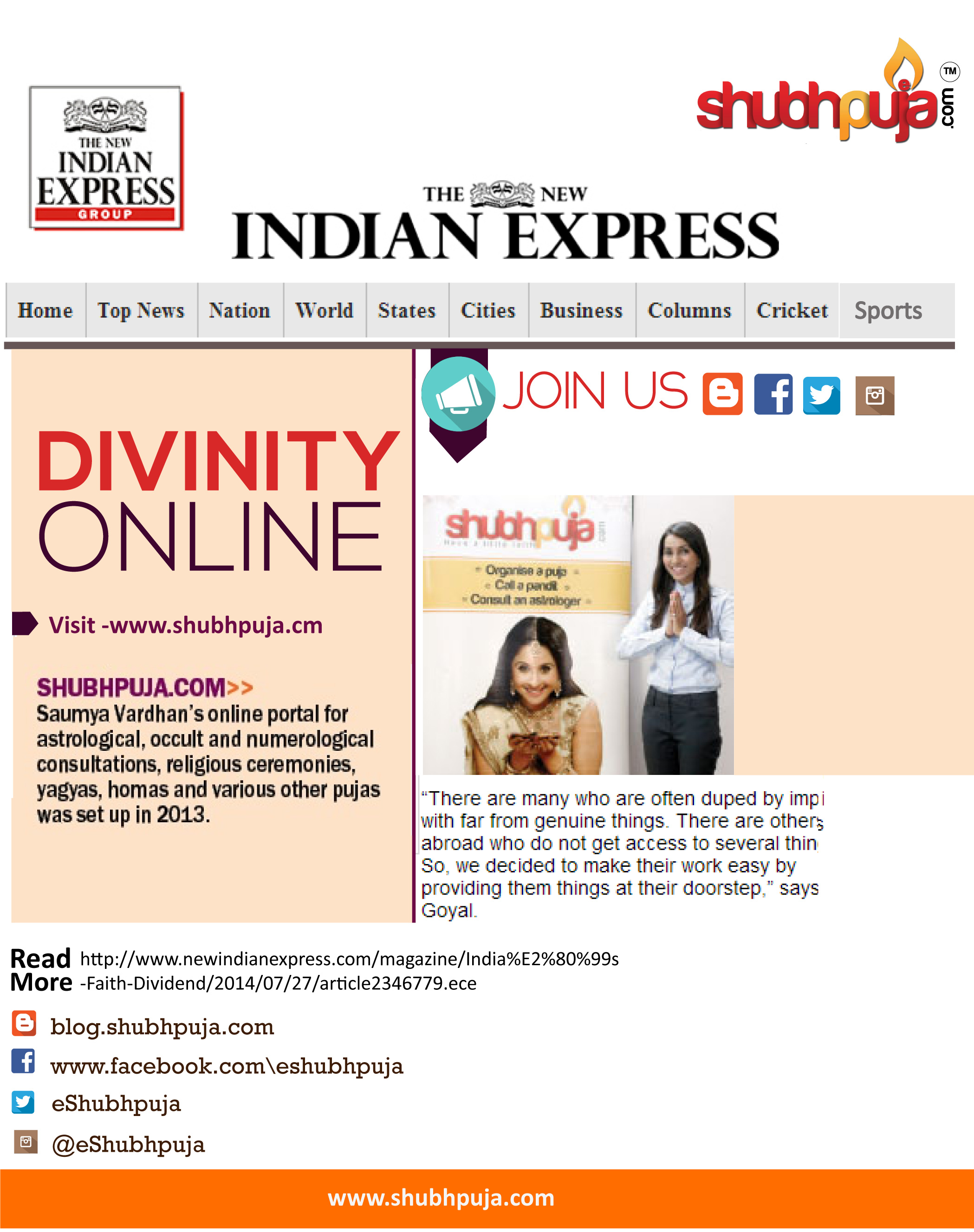 Divinity online - Shubhpuja featured in New Indian Express